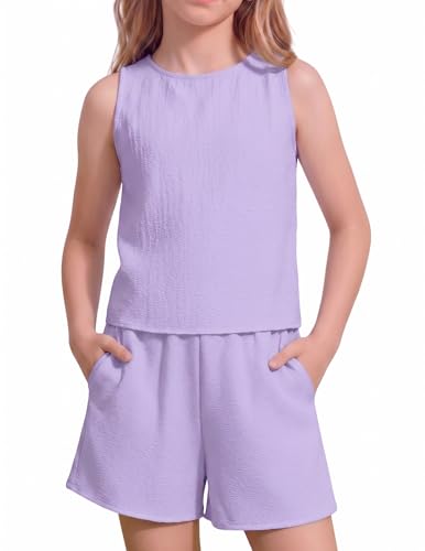Image of Arshiner Girls Summer 2 Piece Outfit Sleeveless Top and Paperbag Waist Shorts with Pockets Kids Shorts Set Ages 5-13