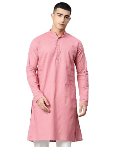 Image of Majestic Man Men's Cotton Regular Fit Casual Mandarin Collar Ethnic Motifs Solid Long Kurta