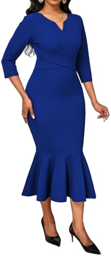 Image of Elegant Dress for Women Sexy V Neck Long Sleeve Bodycon Midi Fishtail Dresses