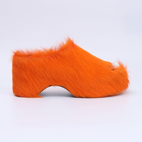 Image of XOBZJH Long-Hair Calfskin Chunky Clog Slide for Women - Memory Foam Luxury Slip on Shoes Women's Mules & Platform Clogs,Designer Mules for Women 2025