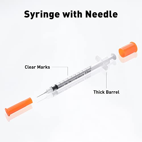 Image of U-100 0.5cc 30g 5 /16 inch (8mm) Syringe with Needle, Individually Wrapped, Pack of 20