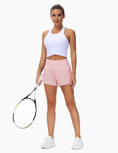 Image of THE GYM PEOPLE Women's High Waisted Running Shorts Quick Dry Workout Shorts | High Waist, Slim Fitted, Built-in Mesh Lined, Back Zipper Pockets, Lightweight, Breathable, Side Slit