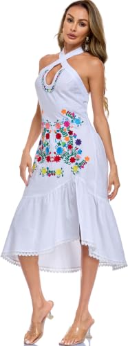 Image of Womens Mexican Floral Embroidered Halter Maxi Dress Side Slit Boho Dress
