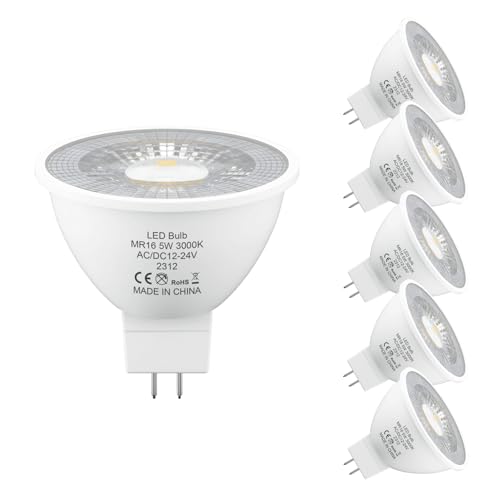 LUTW Lampadine LED GU5.3 12V, 5W MR16 Faretti LED, Equivalente a 50W Alogena, AC/DC 12V/ 24V Lampadina LED GU5.3 MR16 Bianco Caldo 3000K, 470LM, 38° Angolo del Fascio，Non Dimmerabile, 6 Pezzi