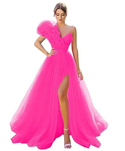 One Shoulder Tulle Prom Dresses Long Bridesmaid Dresses for Women Wedding Formal Evening Party Dress with Slit