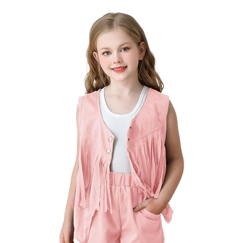 Girls Sleeveless Tassel Cardigan Tops V Neck Faux Suede Western Cowboy's Waistcoat 5 to 14 Years Jacket Tank Top