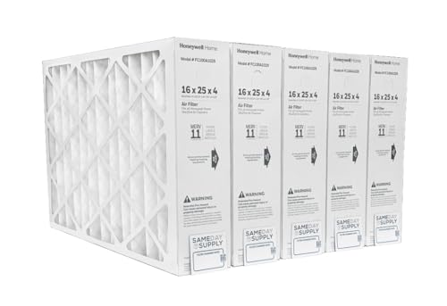 Honeywell FC100A1029 (5 Pack) - 16 x 25 x 4 Pleated Air Filter MERV 11 Bundle with Same Day Supply Filter Change Reminder