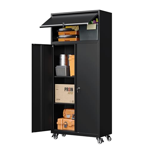 Yizosh Metal Garage Storage Cabinet with Wheels,Rolling Tool Storage Cabinet with 2 Door and Adjustable Shelves,- 72' Steel Locking Cabinet for Garage,Warehouse,Workshop