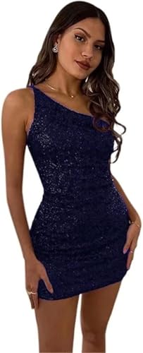 Image of Women's Bodycon Homecoming Dress for Juniors Sequin One Shoulder Backless Mini Cocktail Party Dress