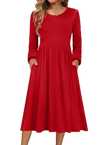 Zeagoo Red Dress Long Sleeve Midi Dresses Fall Outfits for Women 2025 T Shirts A Line Sundresses with Pockets