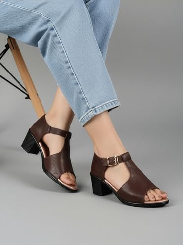 Image of Denill Fancy & Comfortable Brown Heel Sandal with Ankle Strap for women & Girls