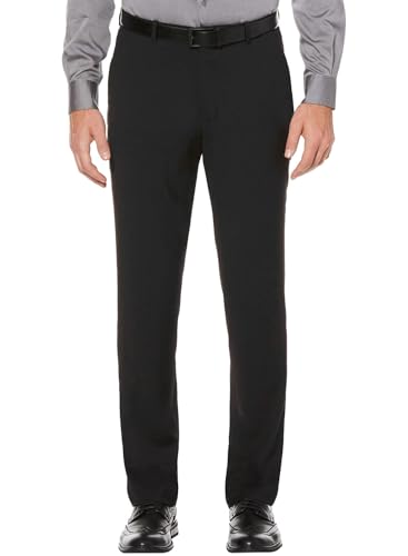 Perry Ellis Calça social masculina slim fit, com tecido elástico frontal liso (tamanho da cintura 66-42), Preto, 32W / 34L