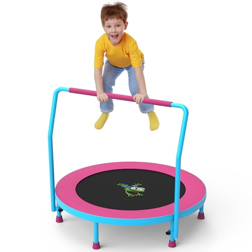 3FT Foldable Kids Trampoline, 36'' Indoor & Outdoor Mini Trampoline for Toddlers, Max Capacity 220 LBS, Adjustable Handlebar, Quiet & Safe Design
