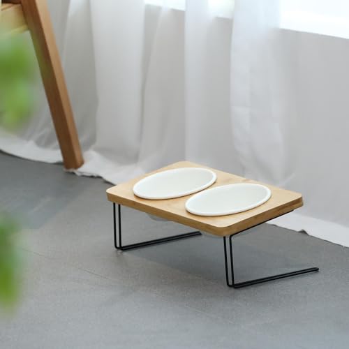 FUKUMARU Katzennapf Erhöht, 15° gekippte Futternapf für Katzen, mit rutschfestem Bambus und Metallhalter, Keramik Fressnapf und Wassernapf im Katzen Napfset für Katzen und Hunde