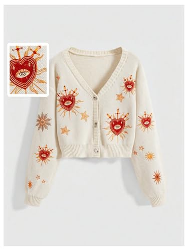 Image of BEAUDRM Women's Cropped Cardigan Sweater Embroidered Cardigan Cropped Sweater Button Down Knit Top Outerwear