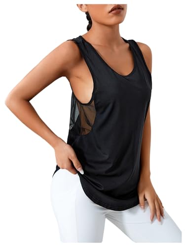 OYOANGLE Women's Mesh Insert Sleeveless Sports Shirts Scoop Neck Racerback Athletic Tank Tops Black Large