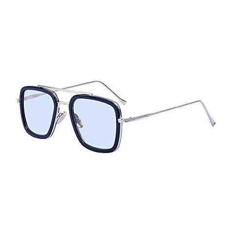 Outray Retro Iron Man Sunglasses Tony Stark Glasses Square Eyewear Metal Frame for Men Women (Black Frame Light Blue Lens) Cover