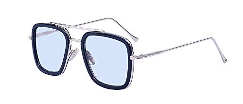 ALWAYSUV Retro Aviator Square Iron Man Sunglasses Tony Stark Glasses Eyewear Metal Frame for Men Women (Black Frame Light Blue Lens)