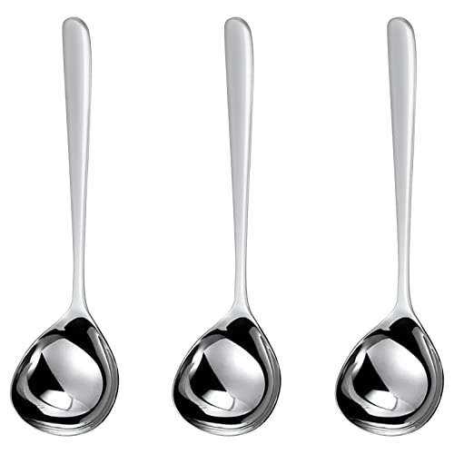 GuDoQi Soup Ladle, 3 Pack Durable 304 Stainless Steel with Polished Titanium Plated Big Volume Soup Spoon, Kitchen Gadget Utensil,8 Inch, Sliver