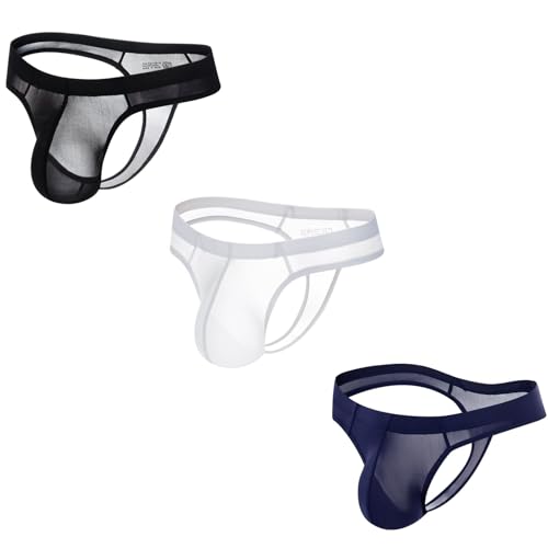 3 Pack Men's Sexy Underwear See-through Mesh Breathable Briefs Pouch Lingerie Thongs Underwear