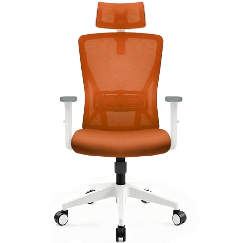 Durrafy Silla de Oficina Ergonómica, Reposacabezas y Soporte Lumbar Ajustables, Malla Transpirable, 120° Inclinación（No se Puede Bloquear）, 360° Giratoria, Carga 150kg. (Naranja)