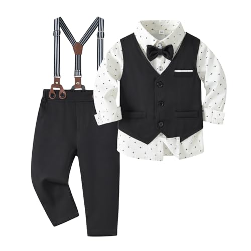 Volunboy Trajes para Bebé Niños de Boda, Bautizo Conjunto de Chaleco, Camisa, Pantalón, Pajarita(Blanco Negro,12-18 Meses,Tamaño 80)