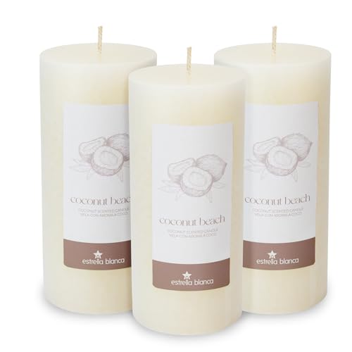 Coconut Scented Pillar Candles, Ivory Rustic Decor, 3x6 Inch, 3 Pack