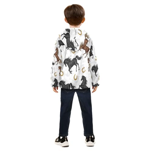 Horse and Horseshoe Pattern Toddler Fleece Jacket Girl Boys Hooded Fleece Jacket Coat Warm Outwear Zip-up 3-10T4