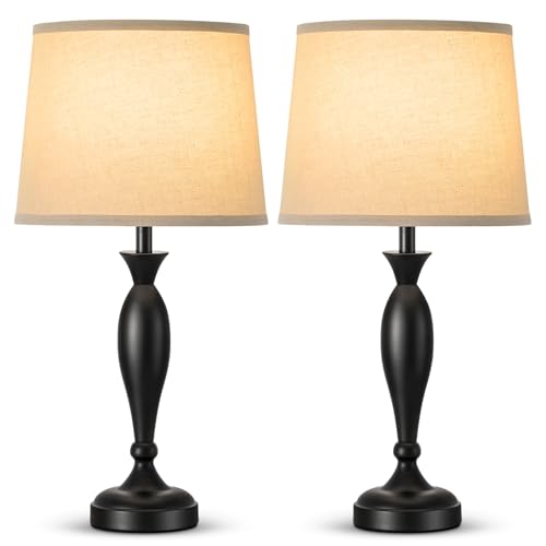 22.6" Table Lamp, 2Pcs Modern Bedside Lamps Desk Reading Light for Living Room Nightstand Bedroom Dormitory Home Office, Black