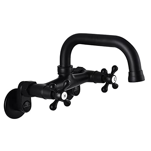Wall Mount Kitchen Faucet Matte Black Double Cross Handle Commercial 3 Inch to 9 Inch Adjustable Spread Mixer Tap with 9 inch Spout Reach