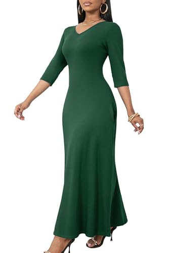 FANDEE Summer 3 4 Sleeve Dress with Pockets for Curvy Women Casual V Neck T-Shirt Maxi Dresses Medium Solid Green