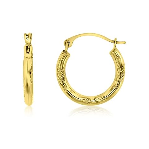 14K Yellow Gold 2x15mm Diamond Cut Flower Hoop Earrings Cover