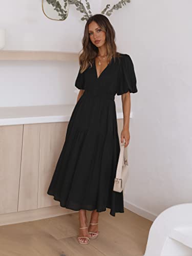 Image of Women's Summer Deep V Neck Puff Short Sleeve Tiered Maxi Dress Flowy A Line Long Dresses