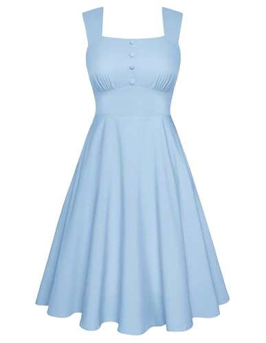 Belle Poque Square Neck Sundress for Women Blue Midi Dress Cocktail Tea Party Wedding Dress XL