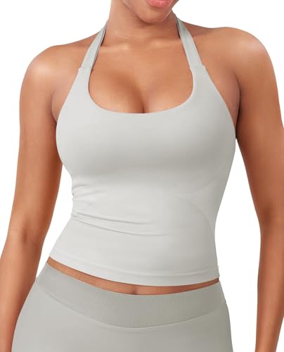 Image of YEOREO SoftHue Women's Impact Halter Tank Top Longline Backless Scoop Neck Built-in Bra Sports Workout Gym Crop Top