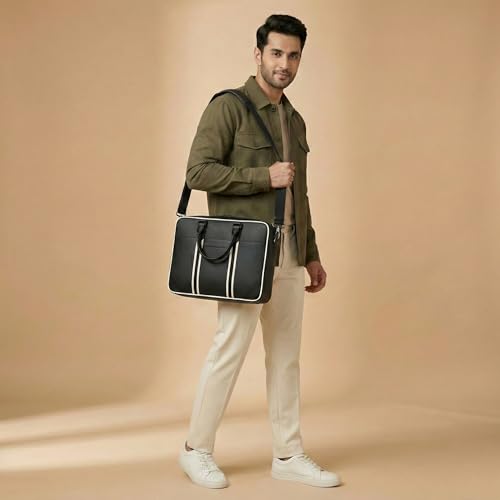 Image of Vegan Leather Laptop Messenger Bag for Men & Women | 15.6 Inch Office Shoulder Bag with Padded Laptop Compartment Multi-Pocket Travel Satchel Adjustable Strap Business Bag | Alls
