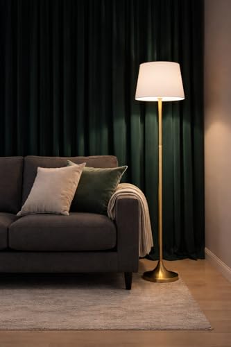 Image of Modern Metal Floor Lamp with Fabric Shade | Antique Brass Finish Standing Lamp | E27 LED Bulb Compatible | 52 Inch Tall Decorative Floor Light for Living Room, Bedroom & Office