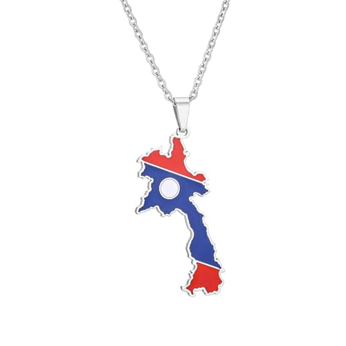 Macracrua Collier léger avec pendentif carte du Laos en acier inoxydable - Bijou unisexe minimaliste, 60cm Chain, Acier inoxydable