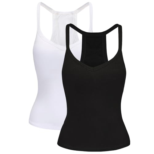 2 Pack V Neck Tank Tops for Women Built in Bra Racerback Womens Tank Tops Basics Yoga Ribbed Gym Sleeveless Shirts3