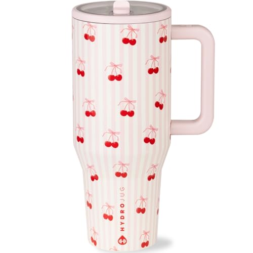 Image of HydroJug Traveler - 32 oz Water Bottle with Handle & Flip Straw - Fits in Cup Holder, Leak Resistant Tumbler-Reusable Insulated Stainless Steel & Rubber Base - Gifts for Women & Men, Sweet Cherry