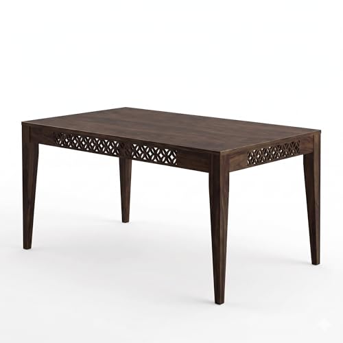 Image of SONA ART & CRAFTS CNC Solid Sheesham Wood Dining Table Set 6 Seater Dinner Dinning Table with 6 Cushion Chair for Dining Furniture for Living Room Home Hotel Office Self Assembly (Dark Brown)