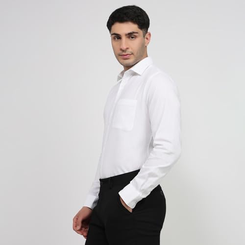 Image of Raymond Men Slim Fit Solid Pattern Pure Cotton Semi Cutaway Collar Full Sleeve Formal Shirt