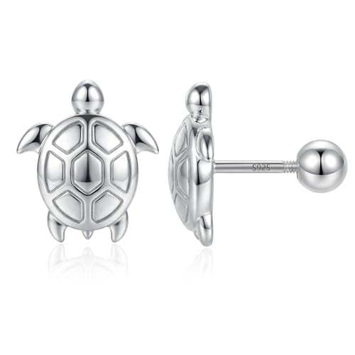 925 Sterling Silver Stud Earrings for Women Hypoallergenic Screw Back Sea Turtle Small Shell Starfish Dolphin Fish Bone Whale Summer Beachy Jewelry Gifts (Turtle)