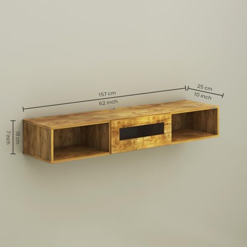 Image of Anikaa Novus Wall Mount Modern Floating TV Unit for Living Room with Open Shelf Storage Cabinet & Middle Cabinet Blue LED Light (Ideal for 32 to 65 inch TV, DIY Installation, Gaintwood Finish)