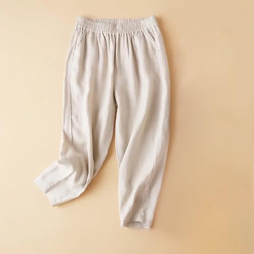 Generic Capri Pants for Women Dressy Elastic Waist Cotton Linen Lounge Pant Loose Casual Vintage Cropped Trousers with Pocket2