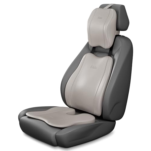 Image of Frido Premium Car Comfort Bundle with Memory Foam Neck Rest, Lumbar Backrest and Wedge Seat Cushion Set of 3, Ergonomic Neck Back and Tailbone Support for Long Drives and Daily Commutes | Ivory