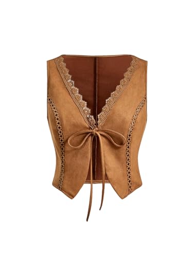 Floerns Womens Sleeveless Floral Embroidery Button Front Waistcoat Vest Jacket Brown Large