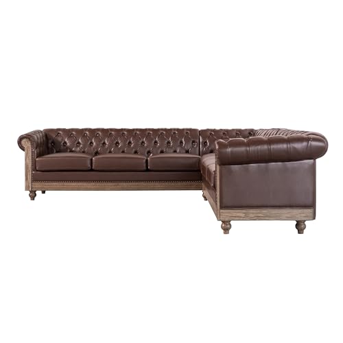 Image of Merax PU Chesterfield Sofa, Retro Upholstered 6 Seater Leather Rolled Arm Couch for Living Room Bedroom, Dark Brown
