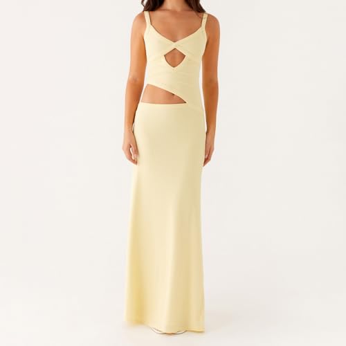 Image of Women Cut Out Maxi Dress Sleeveless Spaghetti Strap V Neck Backless Summer Bodycon Long Dress Party Dress