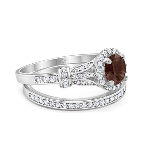 OMRANII Art Deco Ring Round Natural Chocolate Smoky Quartz Cubic Zirconia Promise Ring Two Piece Bridal Wedding Set Engagement Rings For Women 925 Sterling Silver Gifts For Her2